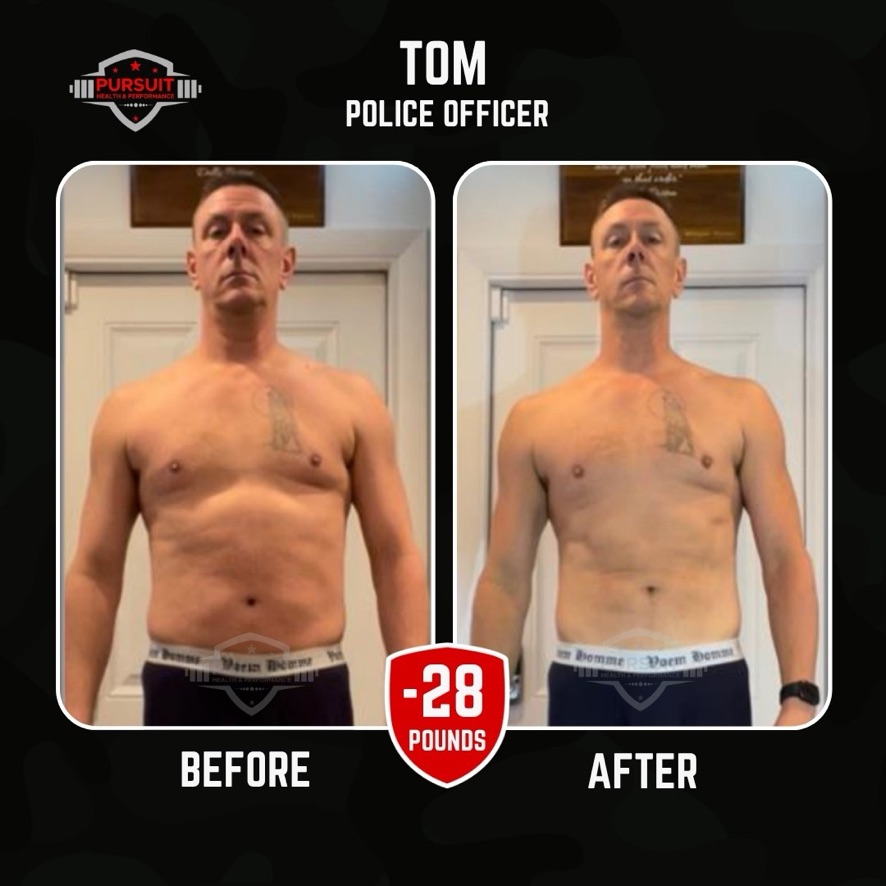 Tom, police officer — 28 pounds down