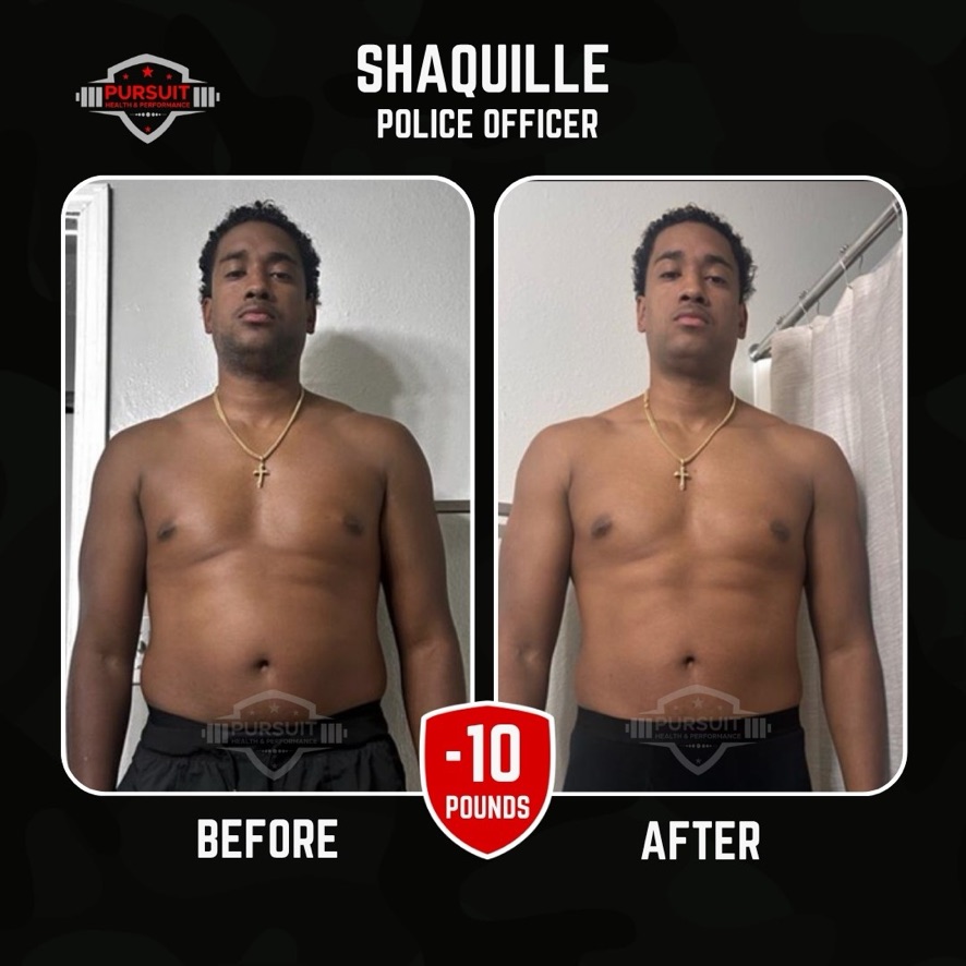 Shaquille, police officer — 10 pounds down